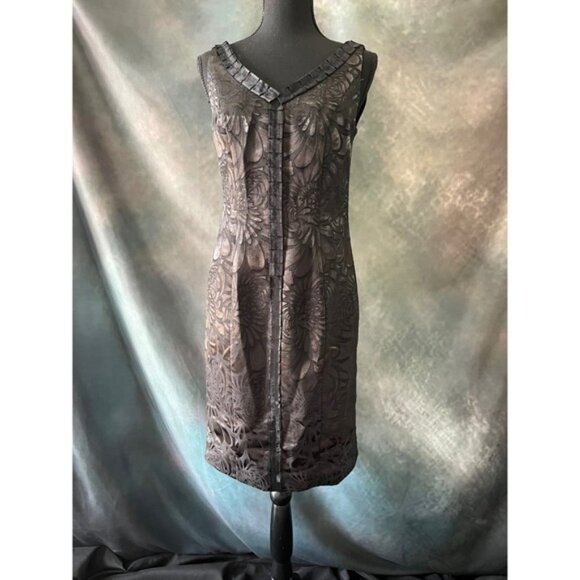 Carmen Marc Valvo Dress Size 4 Brown Floral Jacquard Sleeveless Sheath - Picture 1 of 7